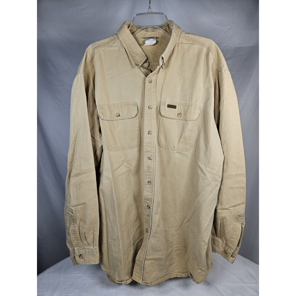 THRASHED Vintage Carhartt Shirt Mens Khaki Button Down Workwear Y2k 90s Brush 2x